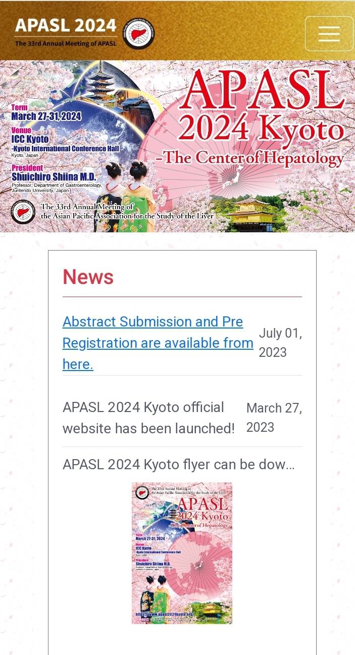 the 33rd Annual Meeting of the Asian Pacific Association for the Study of the Liver “APASL 2024 Kyoto - The Center of Hepatology” will be held on March 27-31, 2024 in Kyoto, Japan.